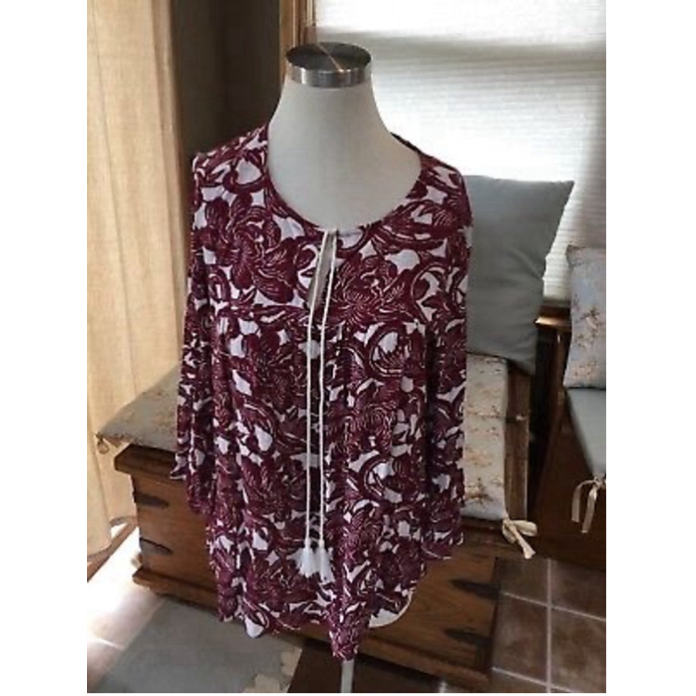 Loft Burgundy Floral Blouse Long Sleeve XS